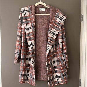 ANTHROPOLOGIE Field Flower Plaid Sweater Coat Hood